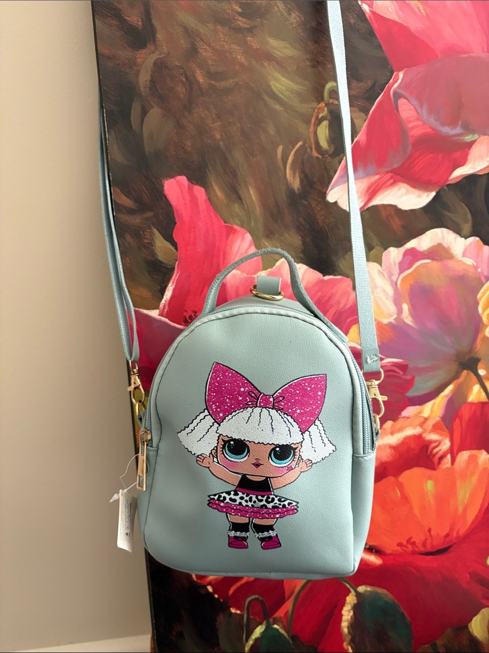 NWT Kids Mint Crossbody Backpack with Pink Doll Graphic 7”x 5.5”